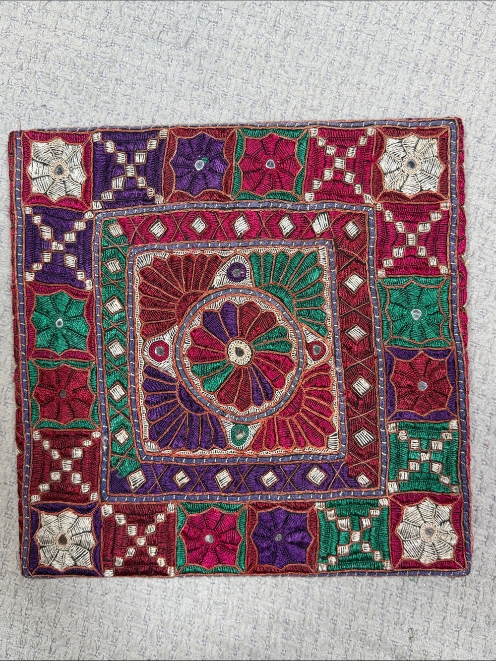 Vintage Tapestry Embroidered Mirrors Jewel Tones Crewel Square Wall Hanging